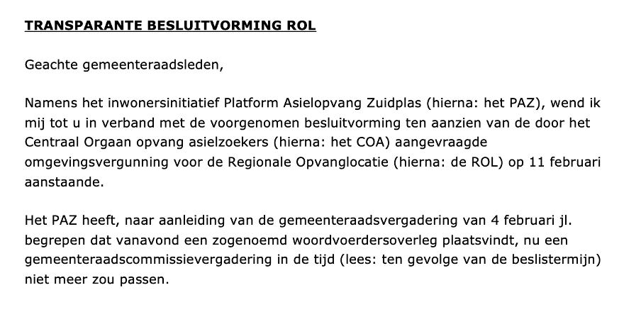 Brief advocaat van Platform Asielopvang Zuidplas aan gemeenteraad over ROL